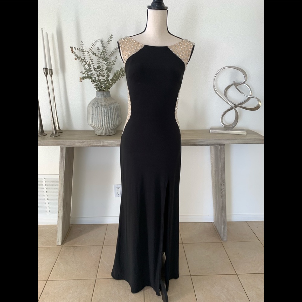 La Femme Black Nude Beaded Open Back Prom Dress Size 6 High Slit Evening Gown